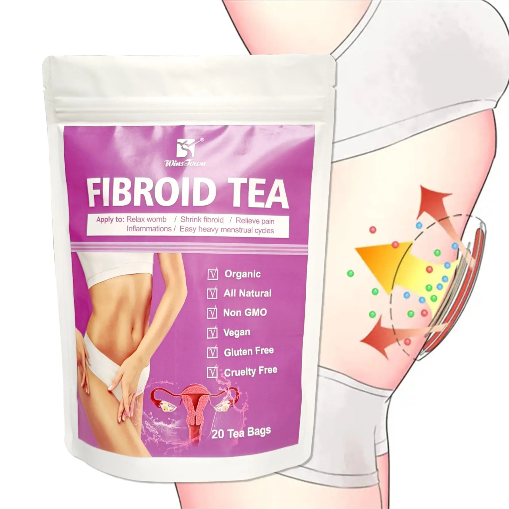 Pack of C83 Winstown Fibroid Herbal Tea bags on a dry surface.