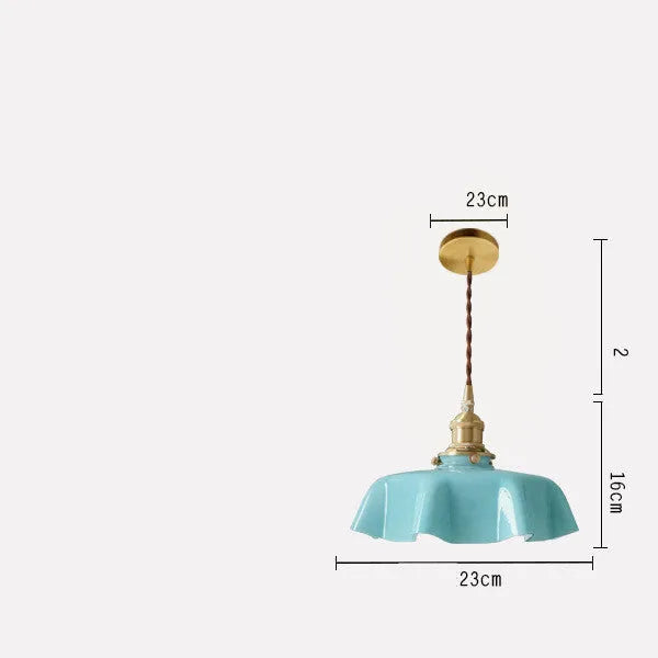Medieval brass flower bud chandelier with adjustable height and coloured glass body