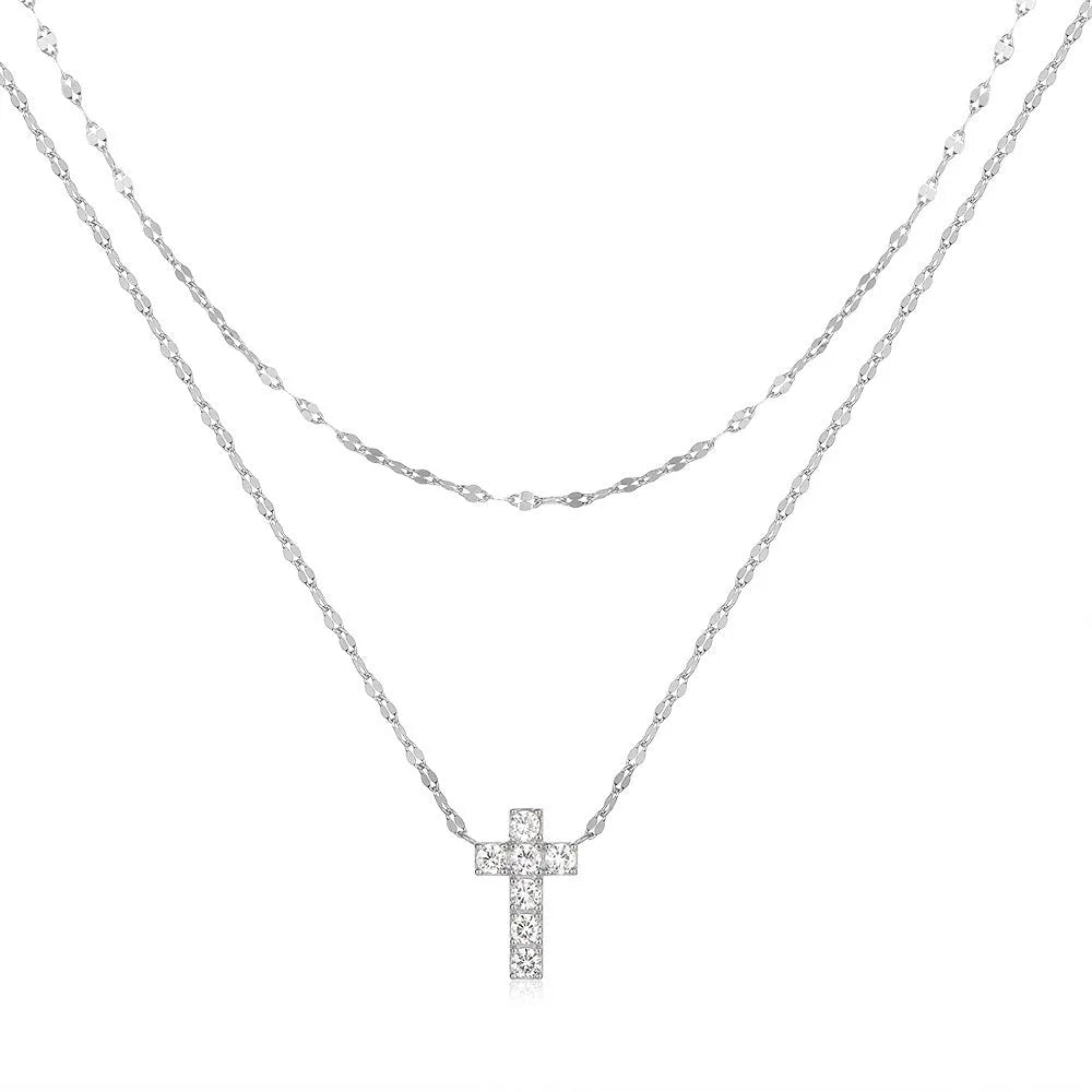 S925 sterling silver double layer cross pendant necklace with diamond treatment in gold colour