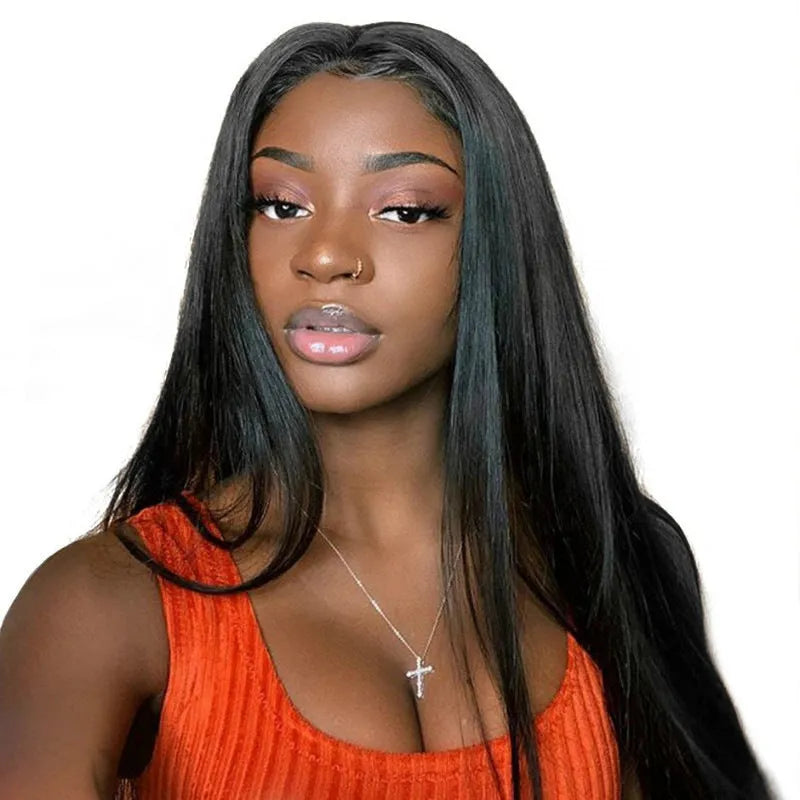 Long straight black wig with centre-parted bangs on a mannequin head