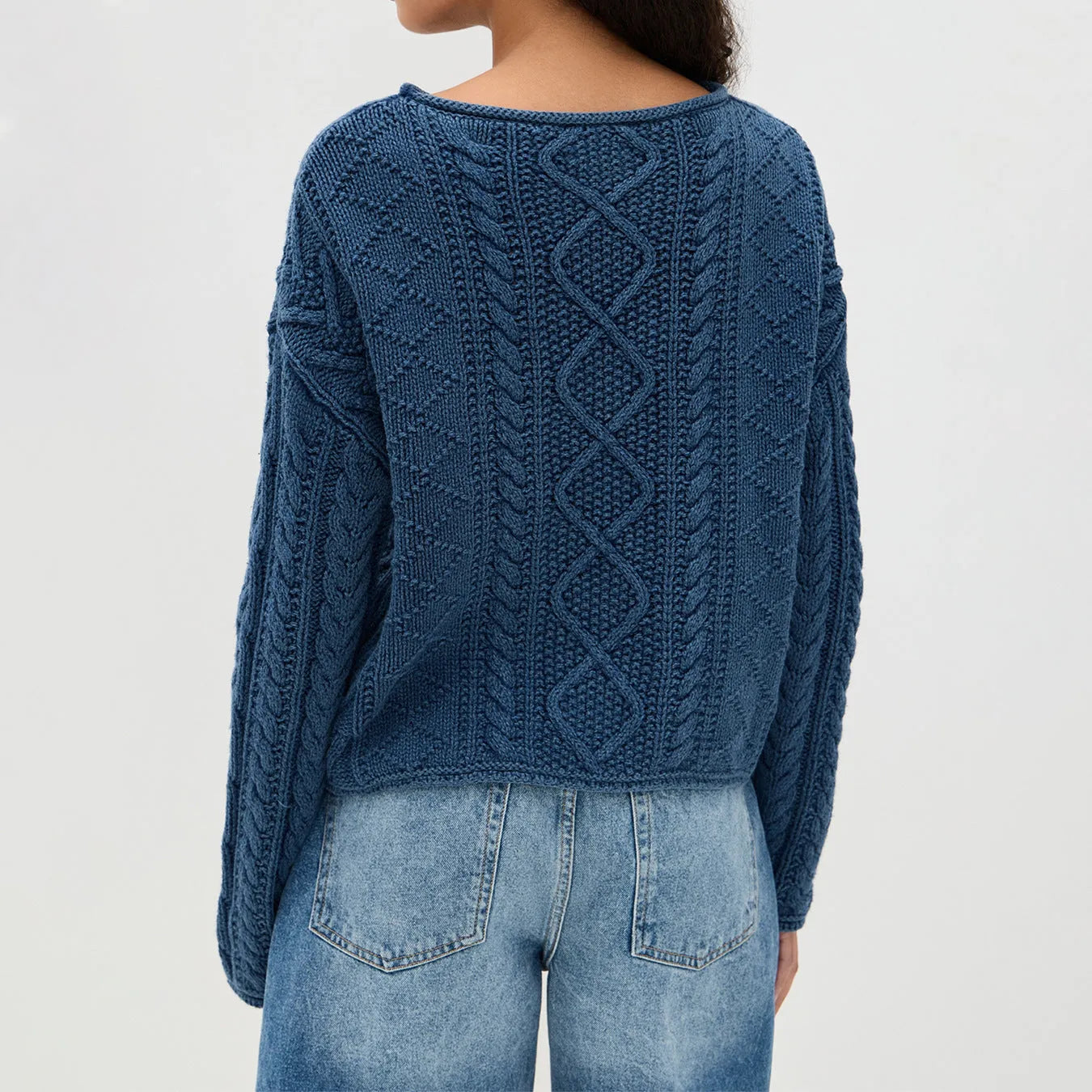Women's navy blue acrylic fibre pullover top with national flag pattern, long sleeves, front view