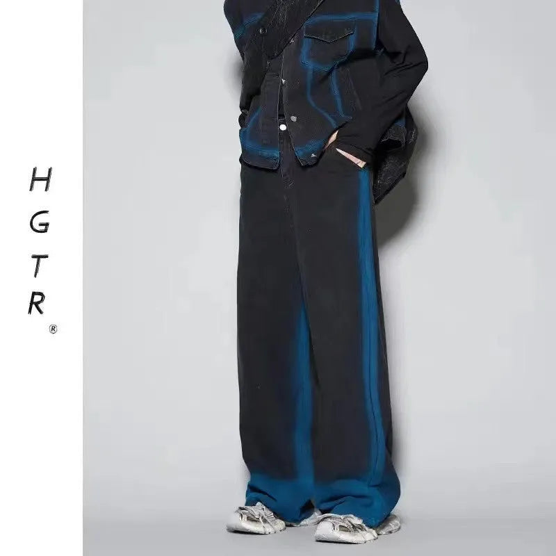 Distressed denim vest and jeans set with spray colour gradient effects and fleece lining