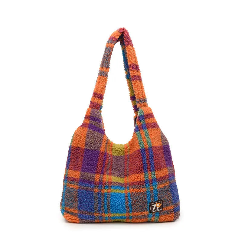 Women's plaid crossbody tote bag in soft plush material with horizontal square shape
