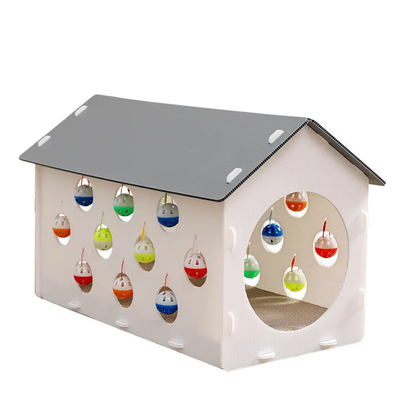 Integrated cat scratch board with resting nest, play tunnel, and bell ball toy