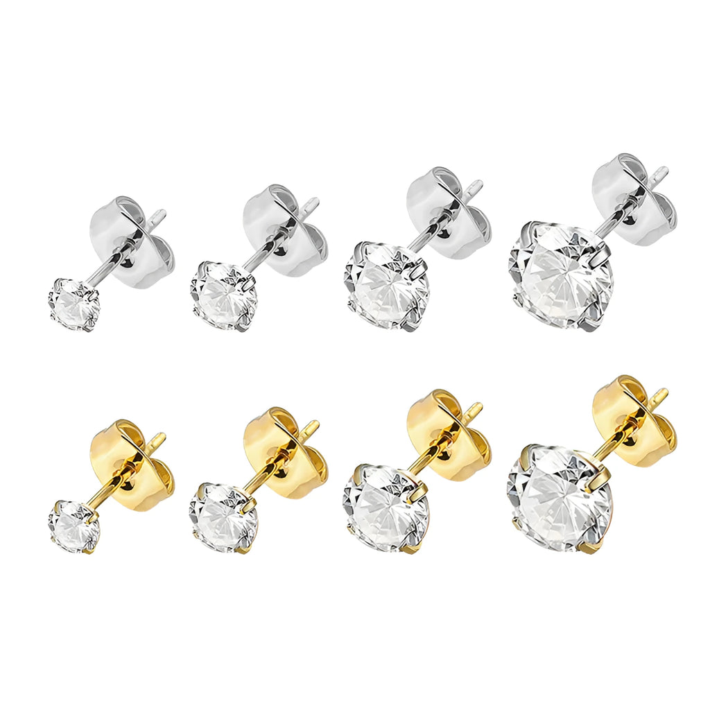 Stainless steel geometric square zircon stud earrings with gold or steel colour finish in sizes from 2mm to 8mm