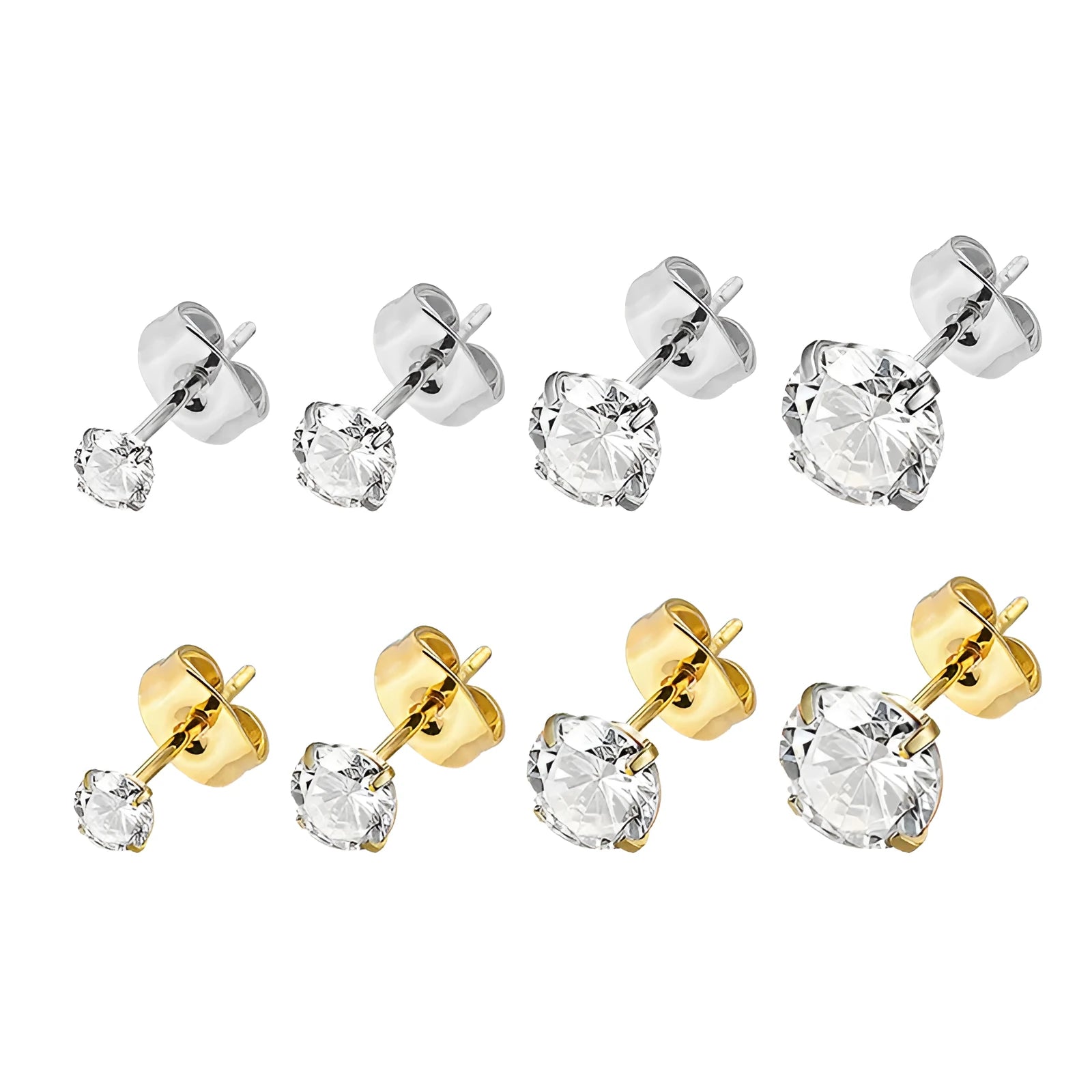 Stainless steel geometric square zircon stud earrings with gold or steel colour finish in sizes from 2mm to 8mm