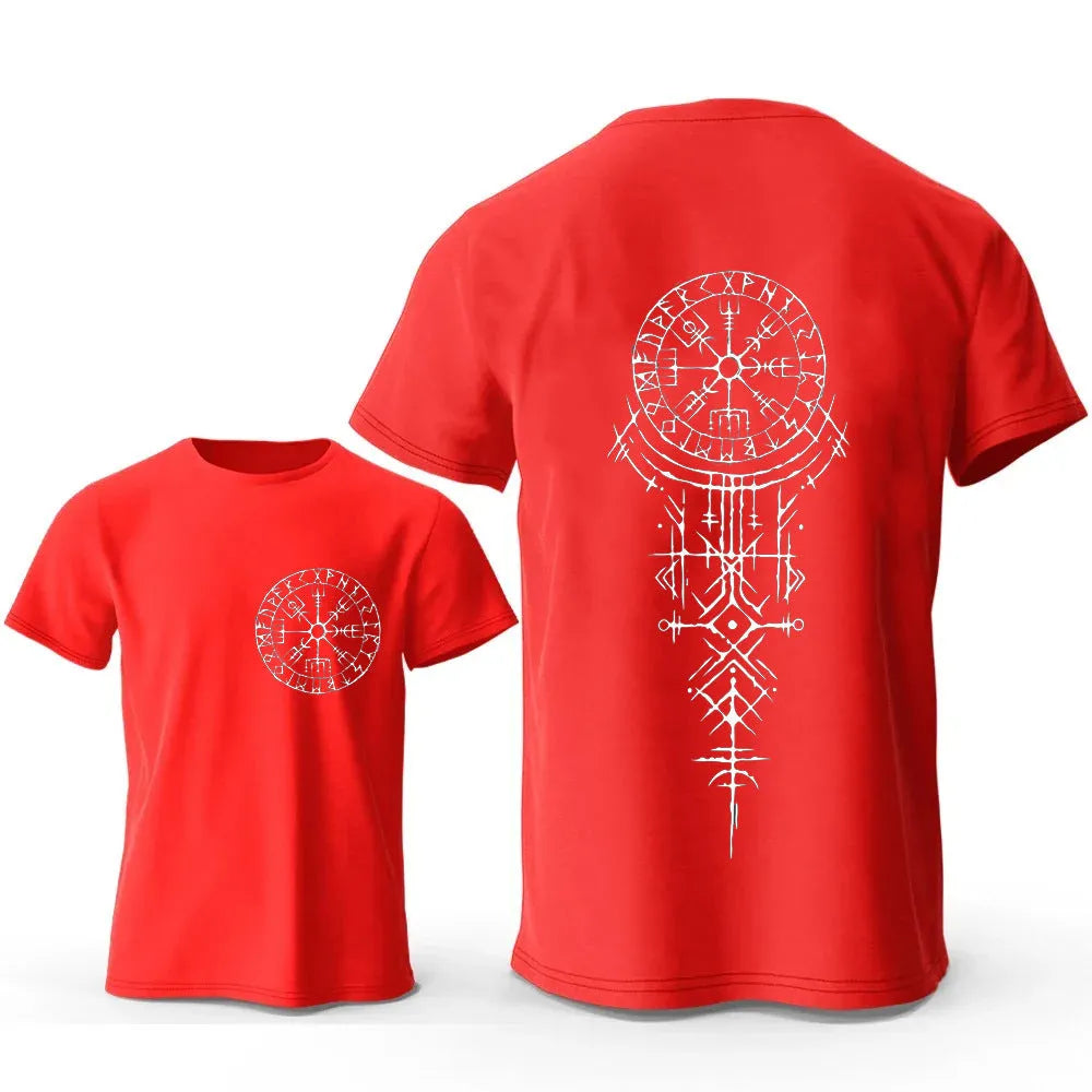 Men's grey T-shirt with a detailed Viking rune compass graphic printed on the chest.