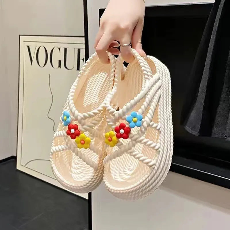 Women's beige PVC sandals with sunflower decoration and non-slip soles