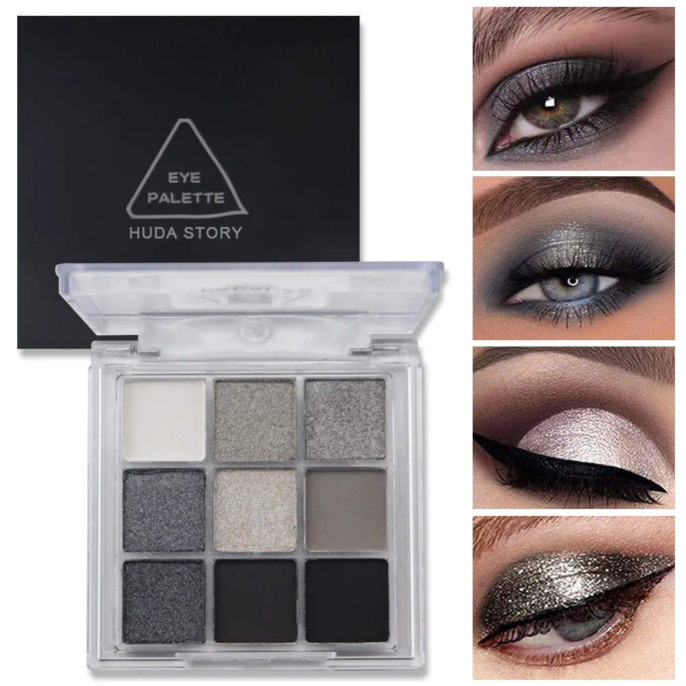 Smoked design nine-colour eyeshadow palette showing shades of white, silver, black, and iron grey.