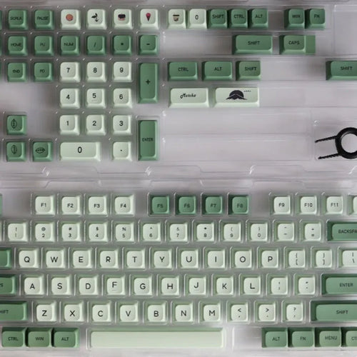 124 Key Matcha green and beige PBT keycap set for mechanical keyboards, showing multiple language layout options.
