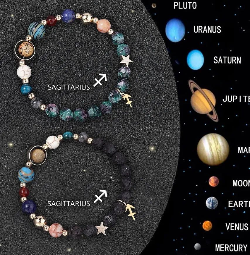 Set of two natural stone beaded bracelets showing zodiac sign designs on a cord.
