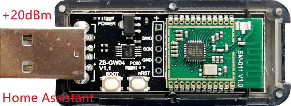 Silicon Labs EFR32MG21 Zigbee 3.0 USB dongle with plastic shell for smart home gateways.