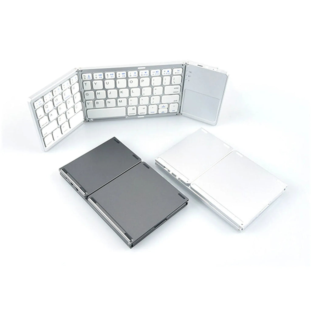Mini tri-fold Bluetooth keyboard shown unfolded and folded, black colour option