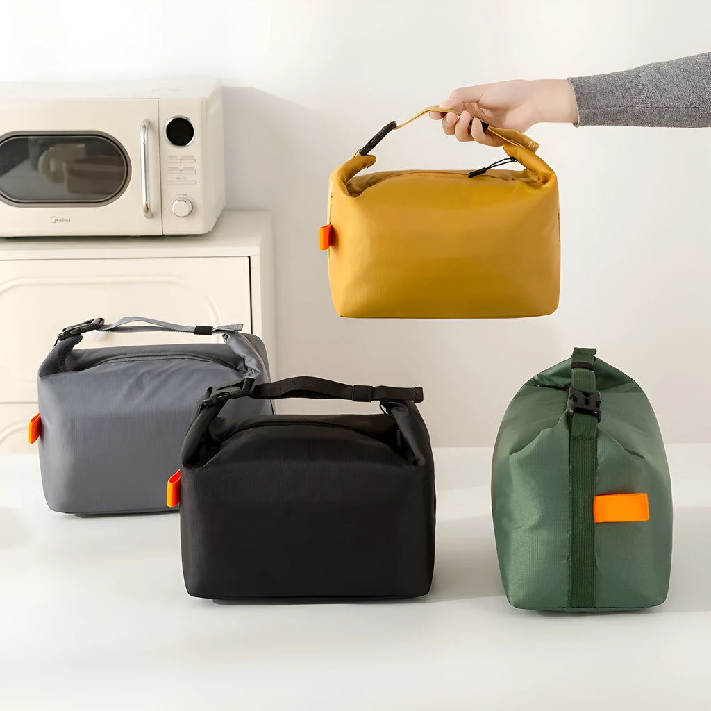 Japanese-style insulated lunch bag in Army Green colour with wide top opening.