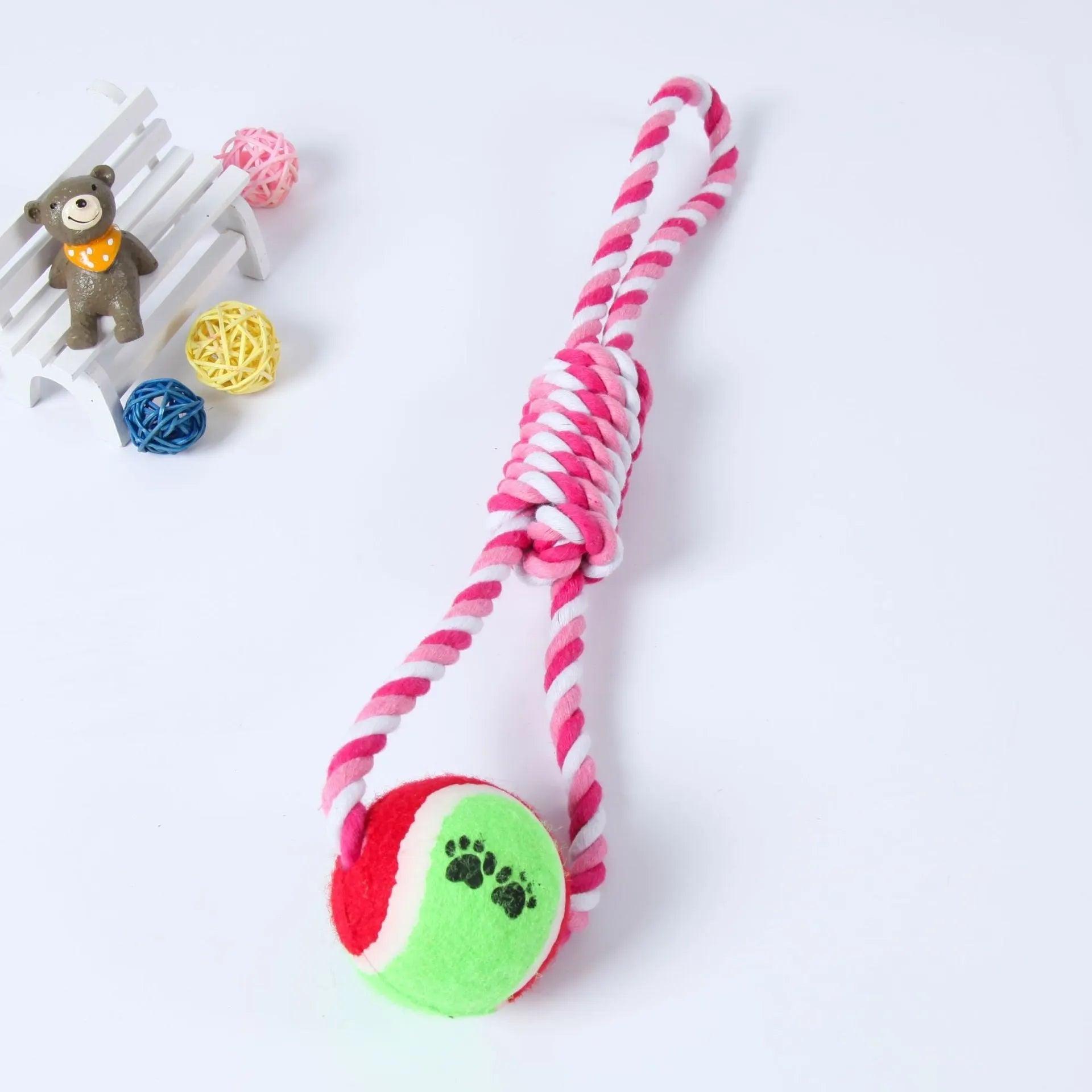 Red and white cotton string dog tug toy, approximately 38 cm long, for medium and large breeds.