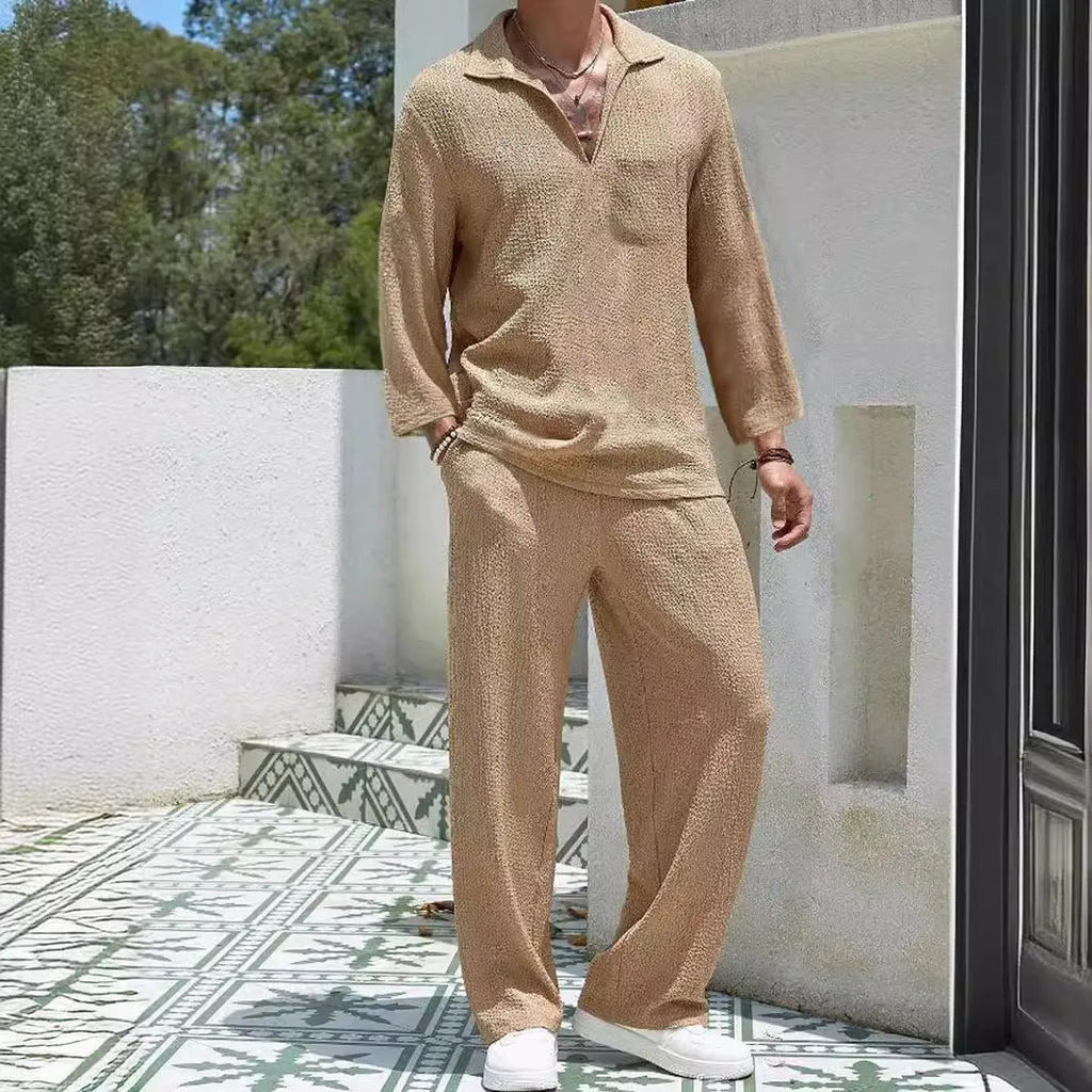 Men's casual shirt and trouser suit in polyester, shown in lake blue, for commuting and leisure wear.