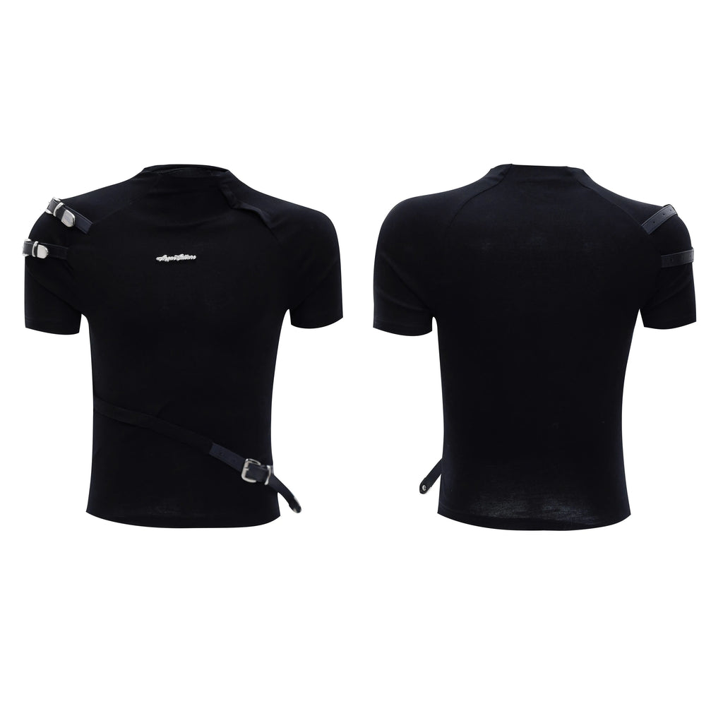 Men's black cotton short sleeve shirt with metal belt design detail and stand-up collar