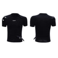 Men's black cotton short sleeve shirt with metal belt design detail and stand-up collar