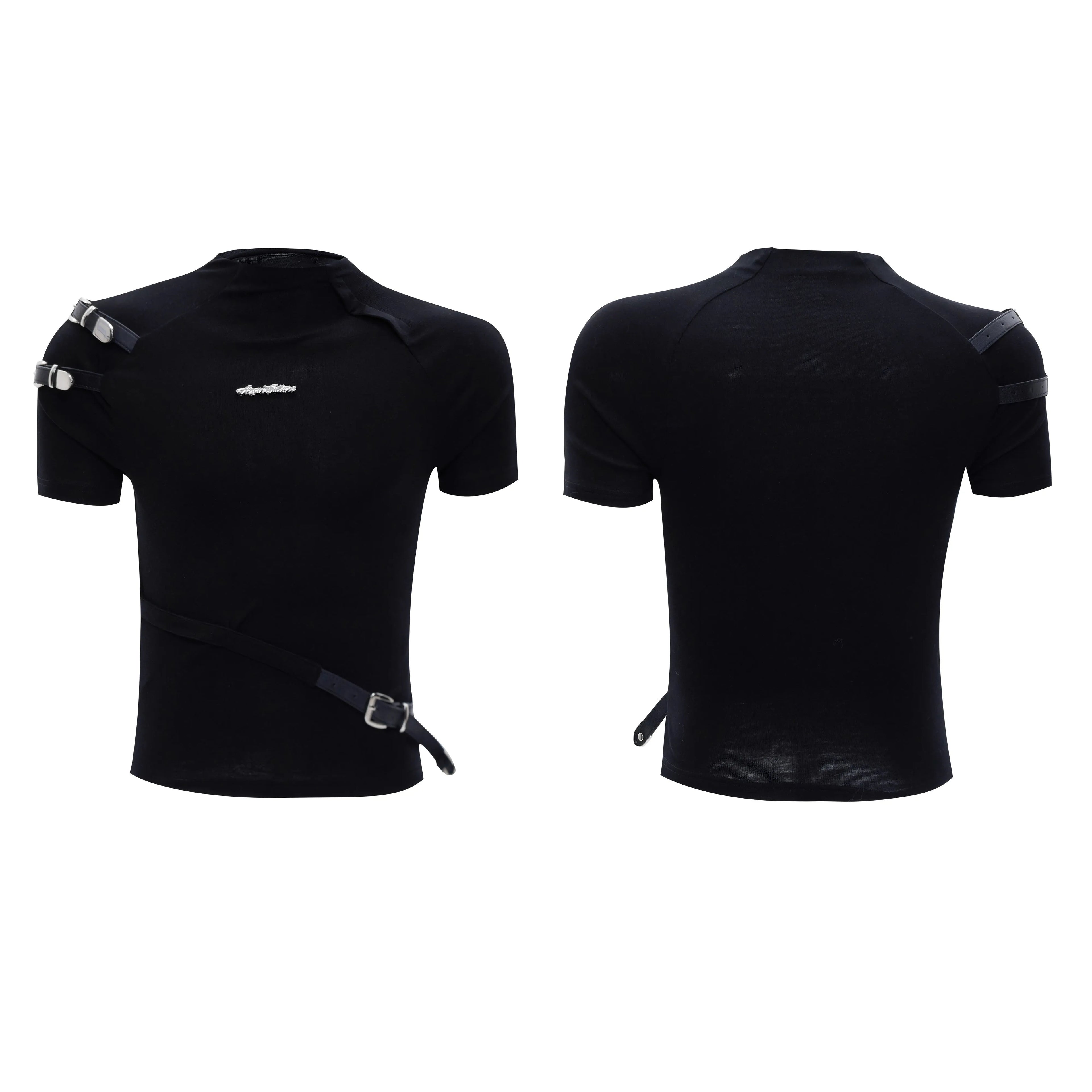 Men's black cotton short sleeve shirt with metal belt design detail and stand-up collar