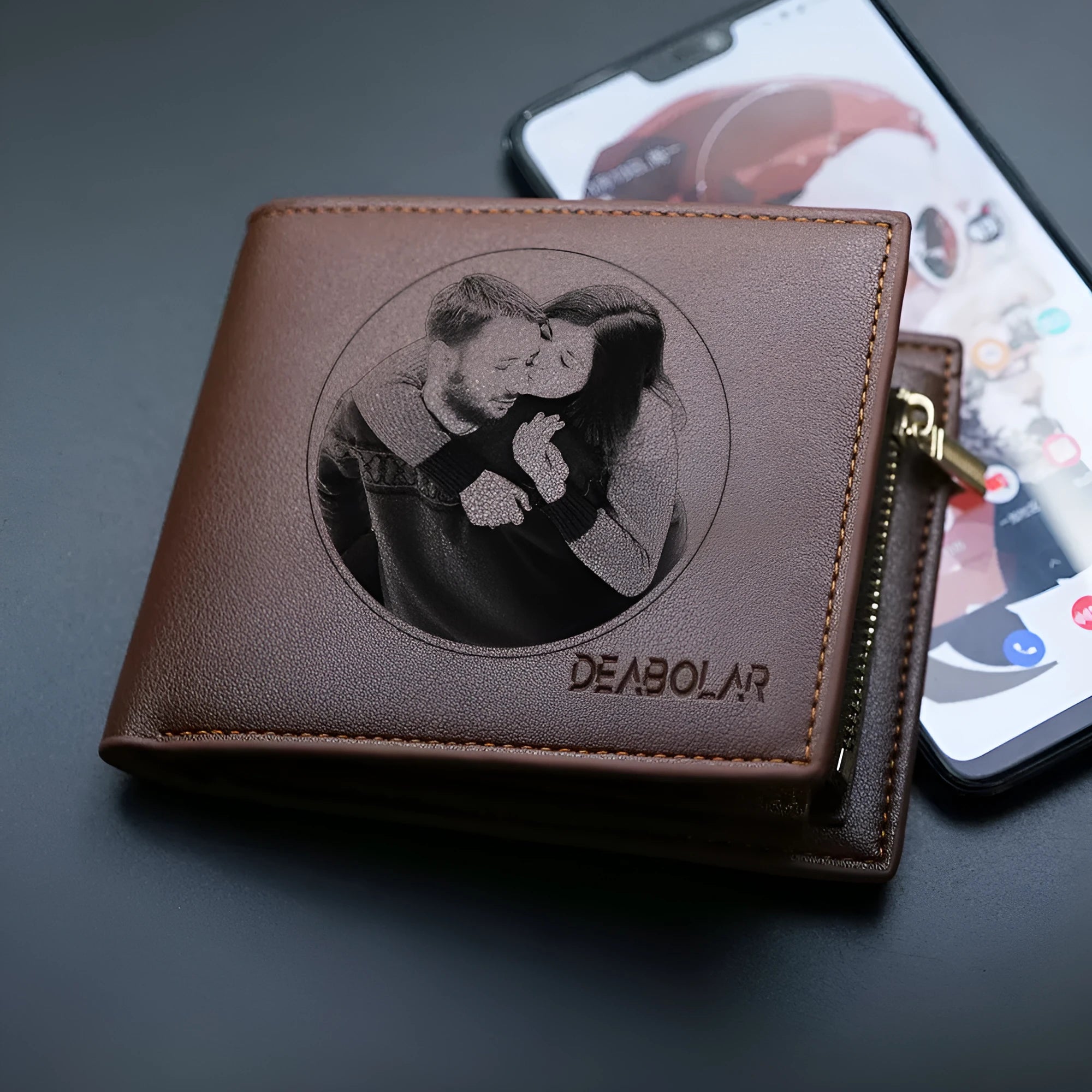 Men's brown leather wallet with a silver zipper fastening, shown open to reveal multiple card slots.