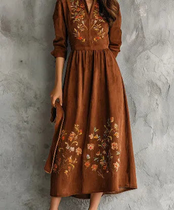 Brown polyester midi dress with vintage floral embroidery, shown in a leisure style cut.