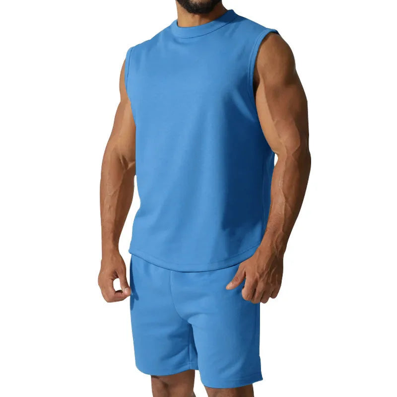 Men's sleeveless sports suit set in cotton blend with matching shorts in solid colour options