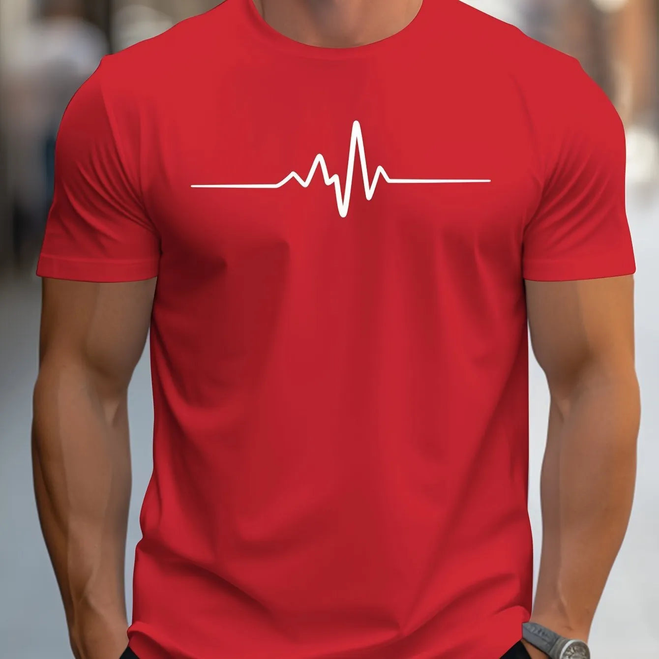 Men's loose-fit short-sleeve t-shirt with a printed letter pattern, shown in a casual style.