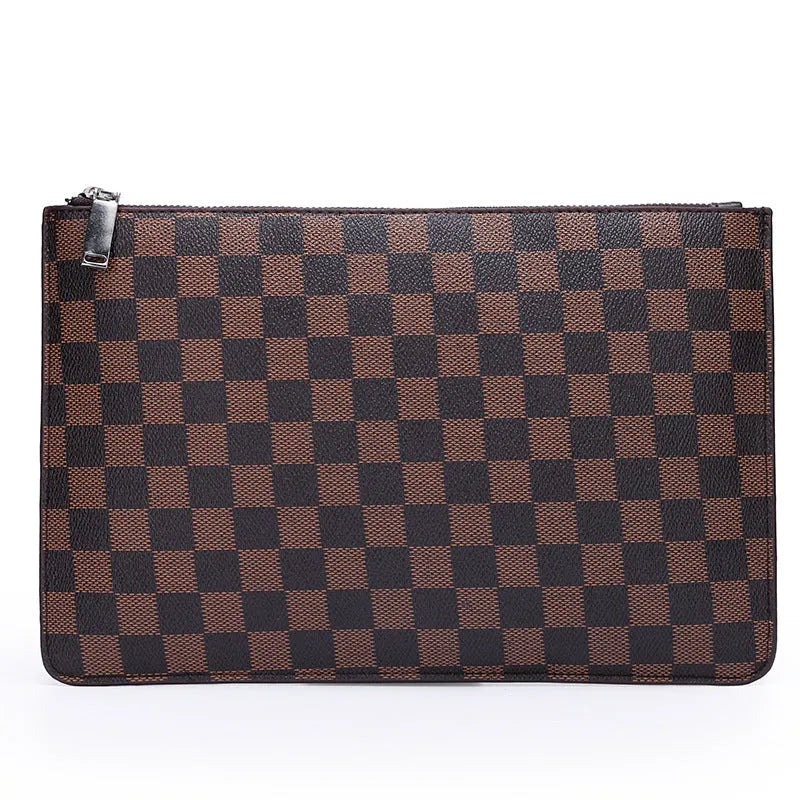 Soft black PU leather men's clutch wallet open to show six card slots, bill compartment, and zipper pocket.