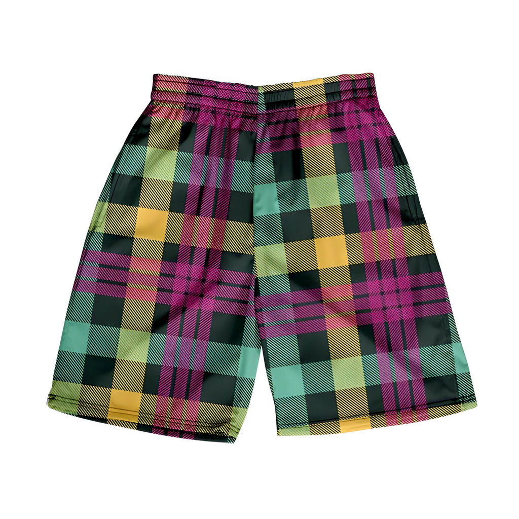 Men's straight cut plaid shorts in polyester fabric with elastic waistband