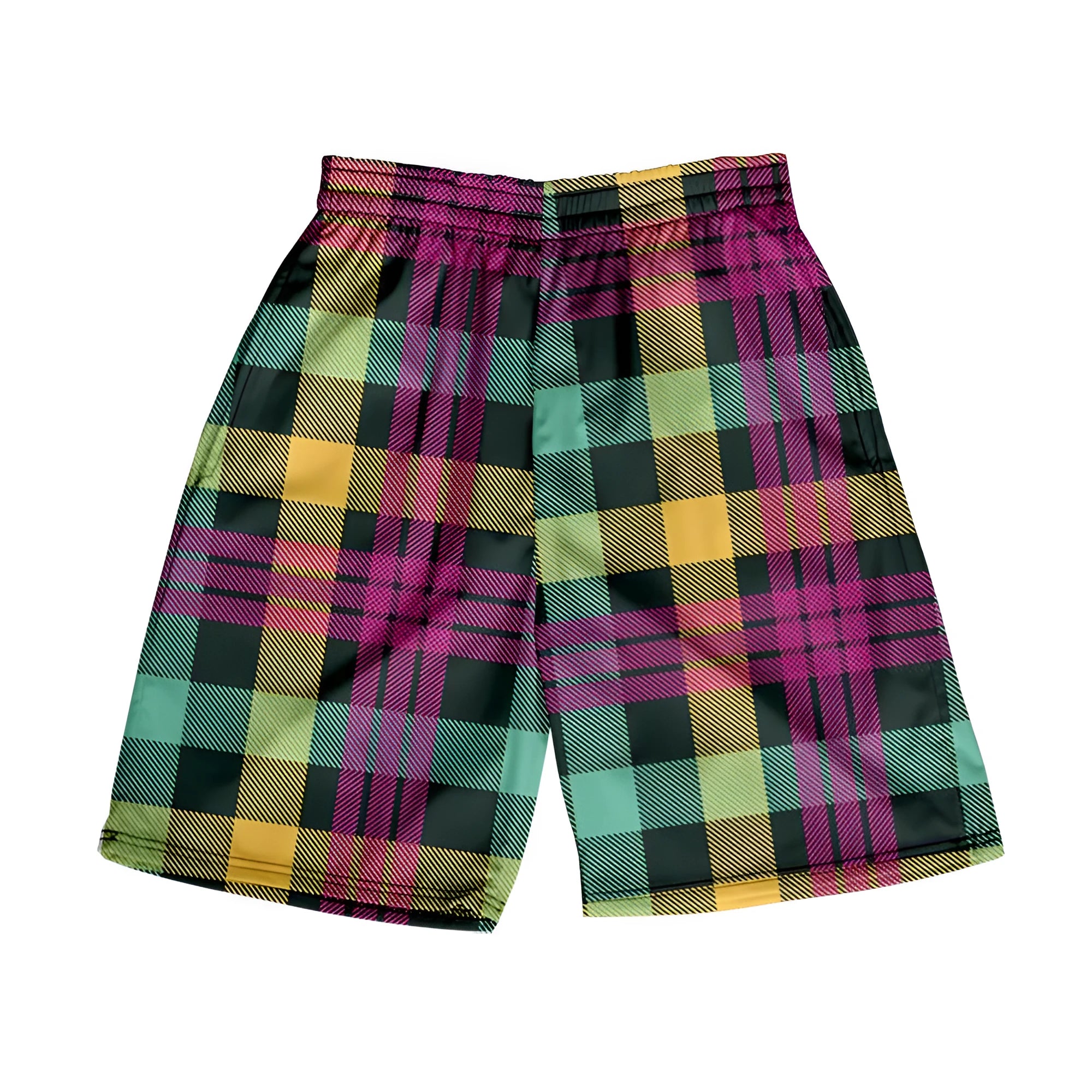 Men's straight cut plaid shorts in polyester fabric with elastic waistband