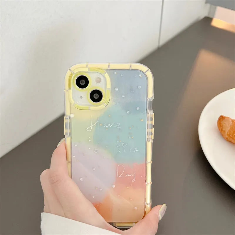 Minimalist contrast colour silicone iPhone case with yellow edge showing front and back views