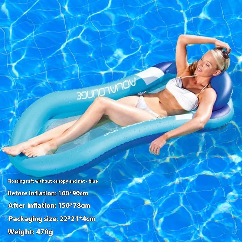 PVC inflatable floating row pool lounge in gradient sequin blue-purple wave design with canopy