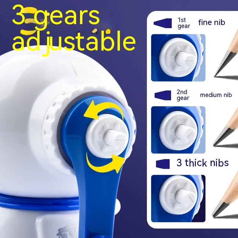 Blue astronaut-themed manual pencil sharpener with adjustable dial showing three sharpening levels