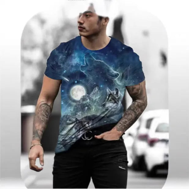 Retro 3D animal print on a men's short-sleeved light blue polyester t-shirt laid flat.