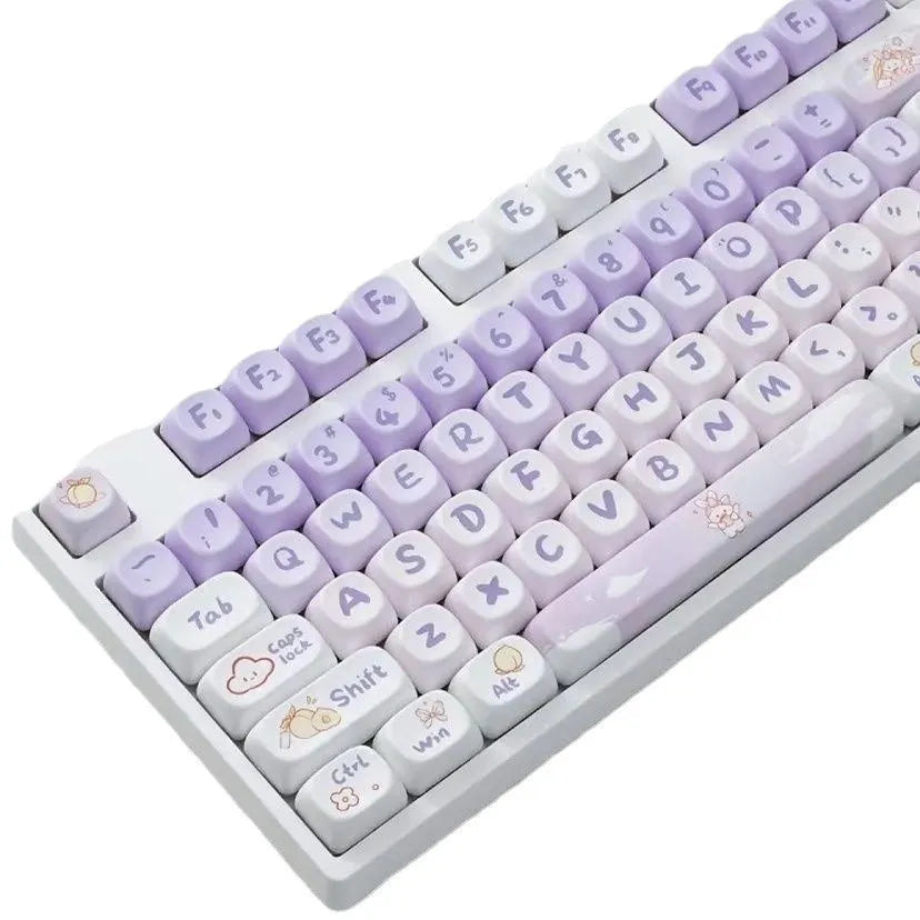 Set of purple gradient mechanical keyboard keycaps with a rabbit design on PBT plastic.