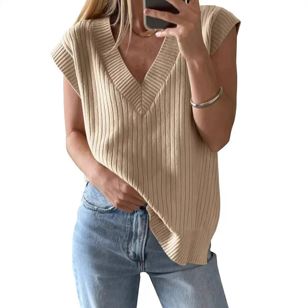 Camel and white loose v-neck sleeveless pullover vests in striped and plaid viscose fabric