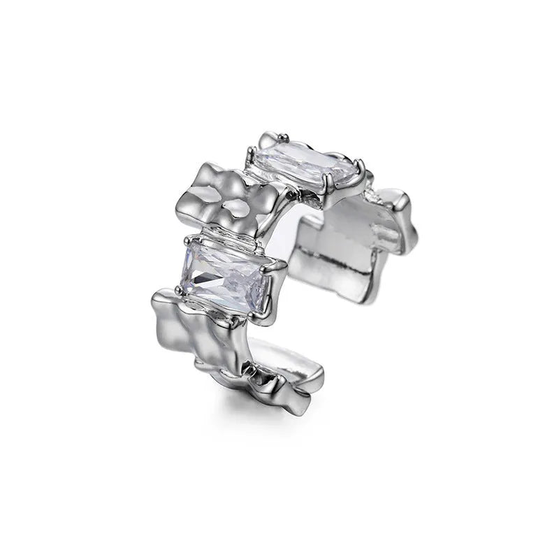 Silver geometric cross ring with open zircon gemstone design and three-dimensional decoration