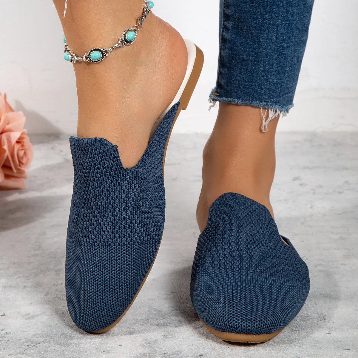 Apricot, blue, and green cloth mesh slip-on sandals with flat rubber soles
