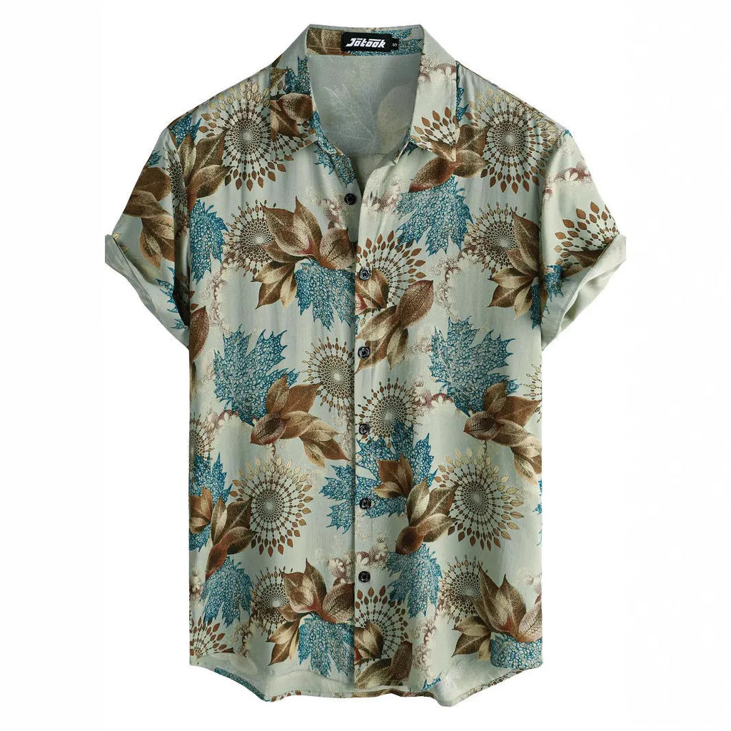 Man wearing a short sleeve lapel collar Hawaiian shirt with a blue floral print.