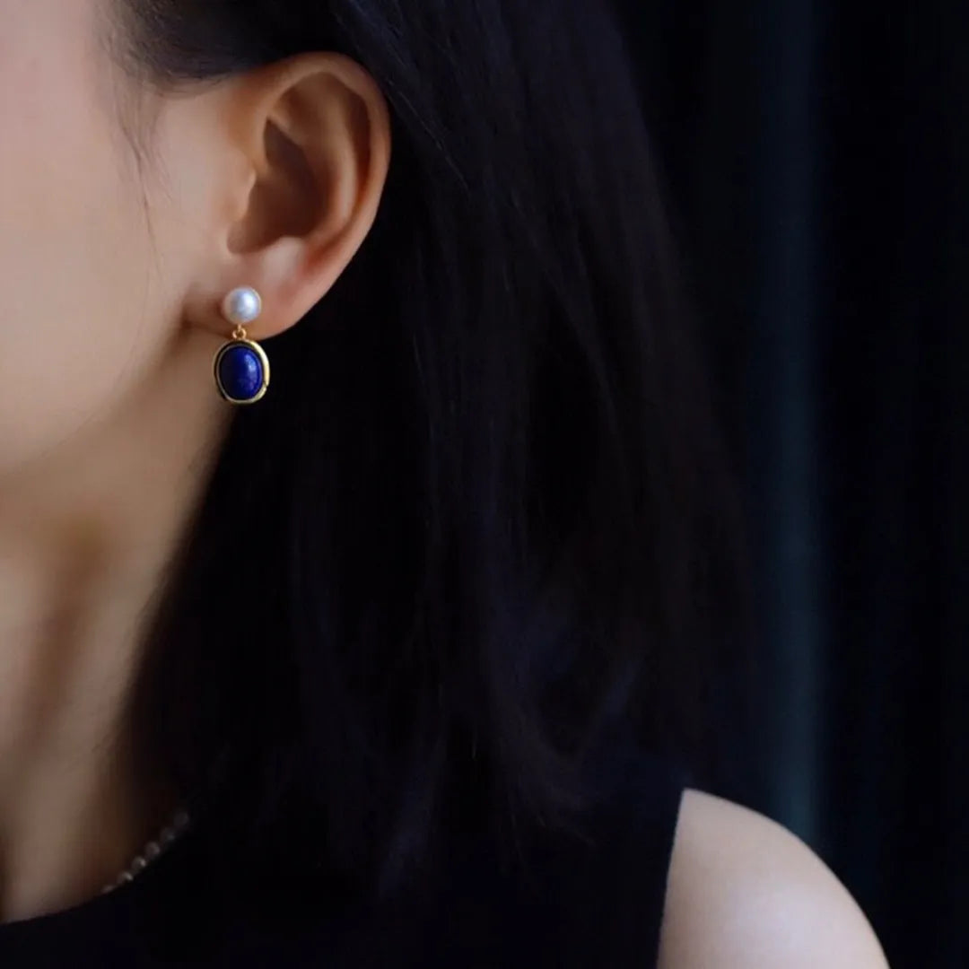 Blue lapis lazuli pearl earrings made from 925 silver with auspicious patterns