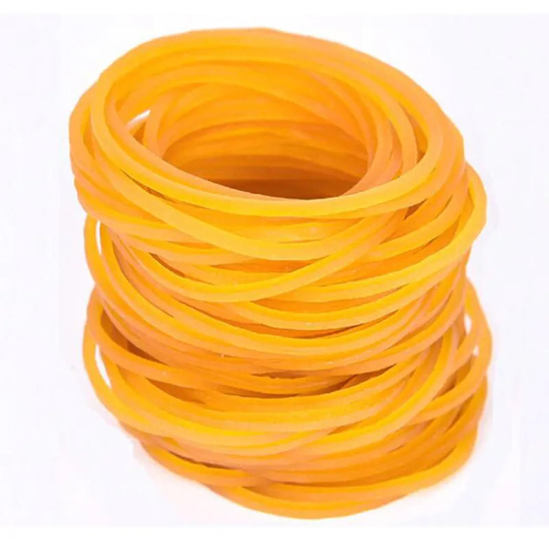 500g pack of assorted yellow rubber bands in sizes from 16mm to 70mm diameter