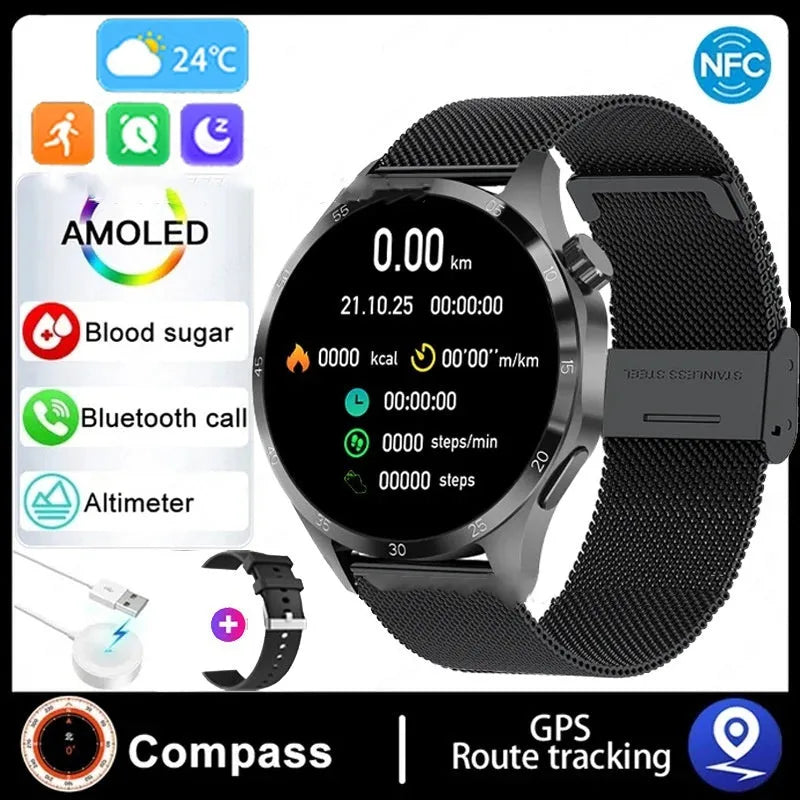 Black Bluetooth smartwatch with TFT touchscreen display showing health metrics