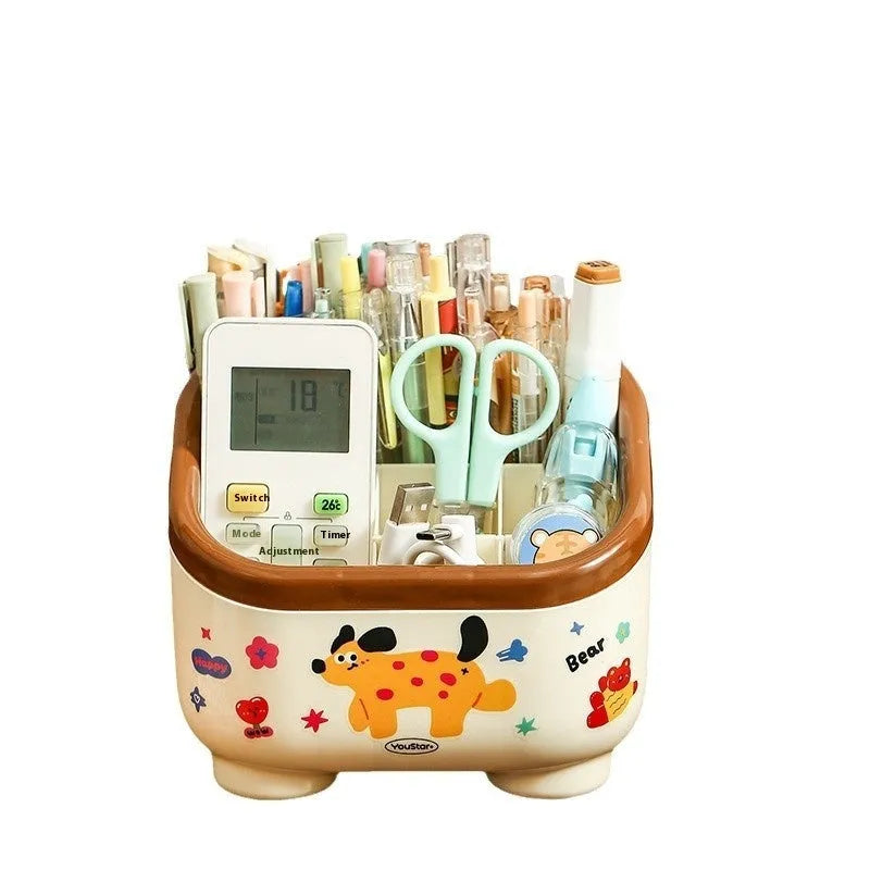 Red and brown cartoon-style plastic desktop storage organiser with grid pattern for stationery and sundries.