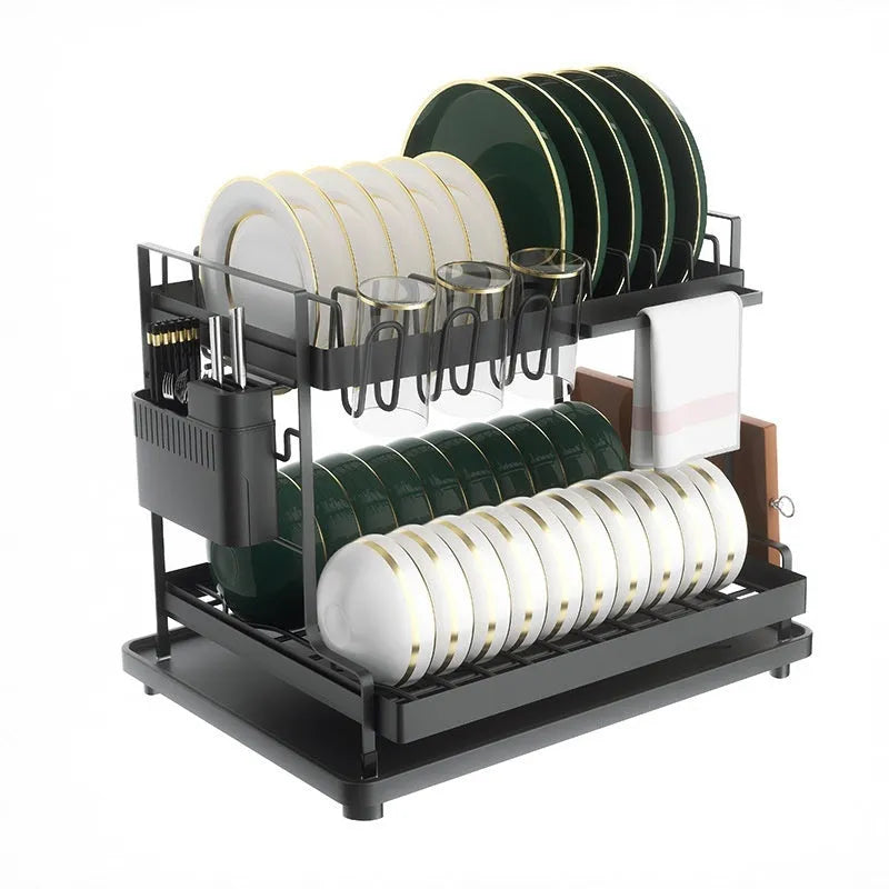 White carbon steel kitchen storage rack with removable draining tray and double-layer design