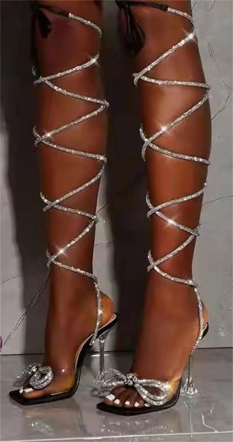 Plus size women's strappy sandals with rhinestone detailing and square toe in black, beige, and colourful options