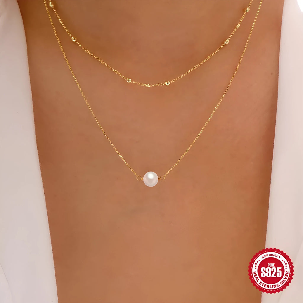 S925 sterling silver double layer women's necklace with twin pearls on geometric ball bead chain in gold colour