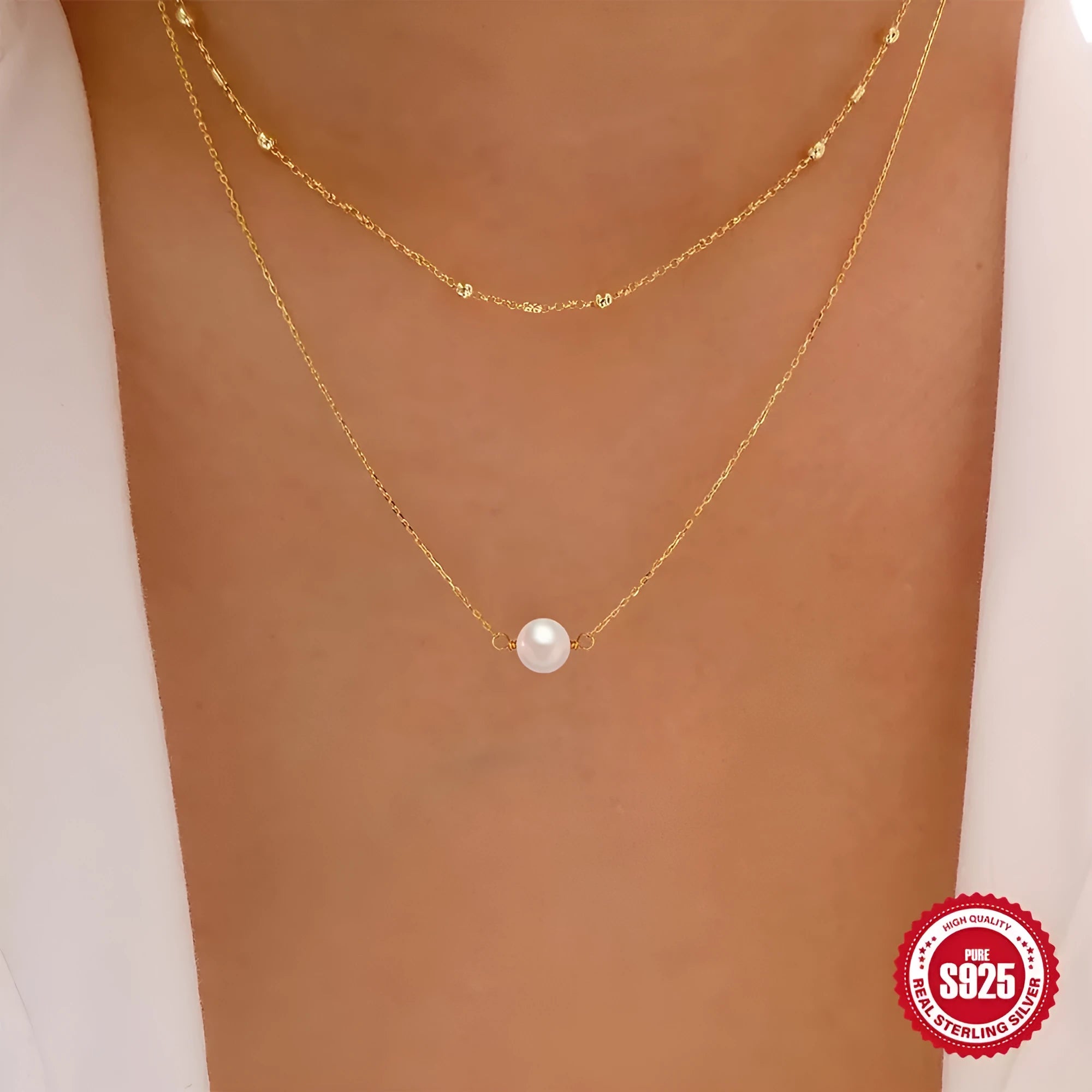 S925 sterling silver double layer women's necklace with twin pearls on geometric ball bead chain in gold colour