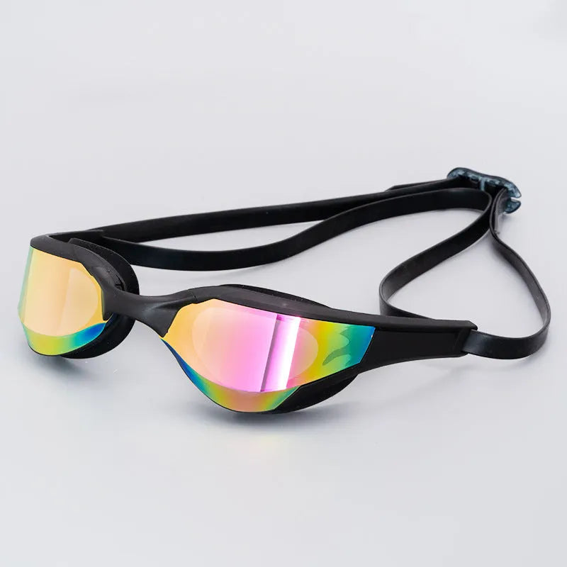 Black and gold plated anti-fog racing swimming goggles with polycarbonate frame on a blue background.