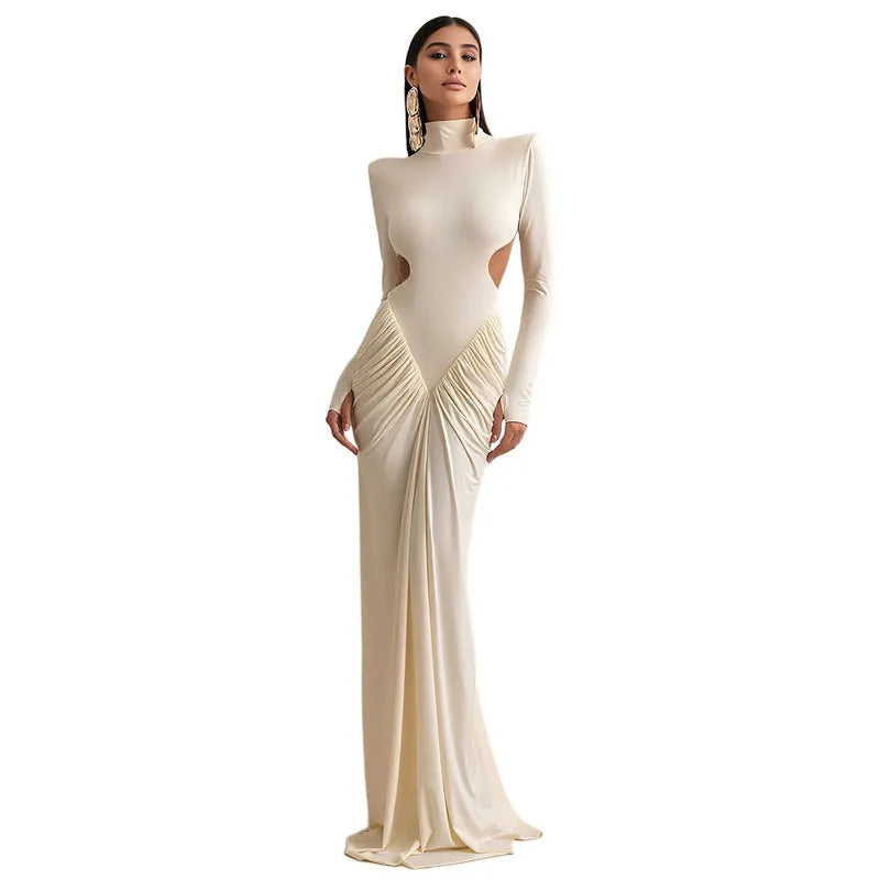 Women's slim fit backless dress with long sleeves, high collar, and pleats in light apricot colour