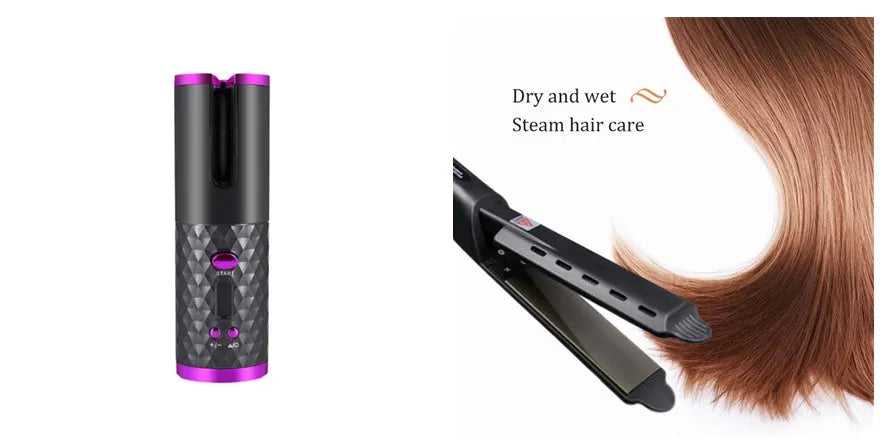 Portable wireless curling iron with USB charging port and gold ceramic barrel in pink colour